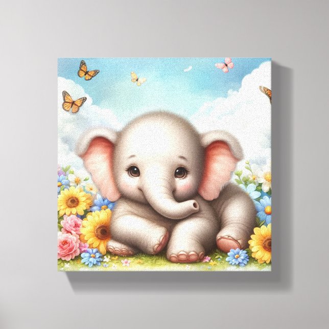 Baby Elephant in Flowers Canvas Print (Front)
