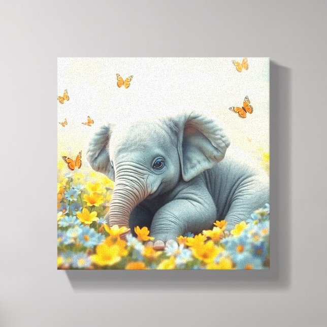 Baby Elephant in Flowers Canvas Print (Front)
