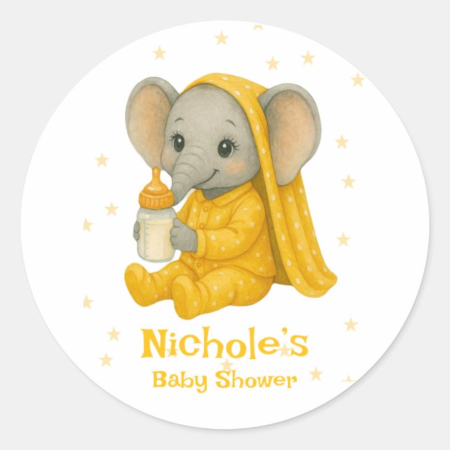 Baby Elephant in Yellow Pyjamas Baby Shower Classic Round Sticker (Front)