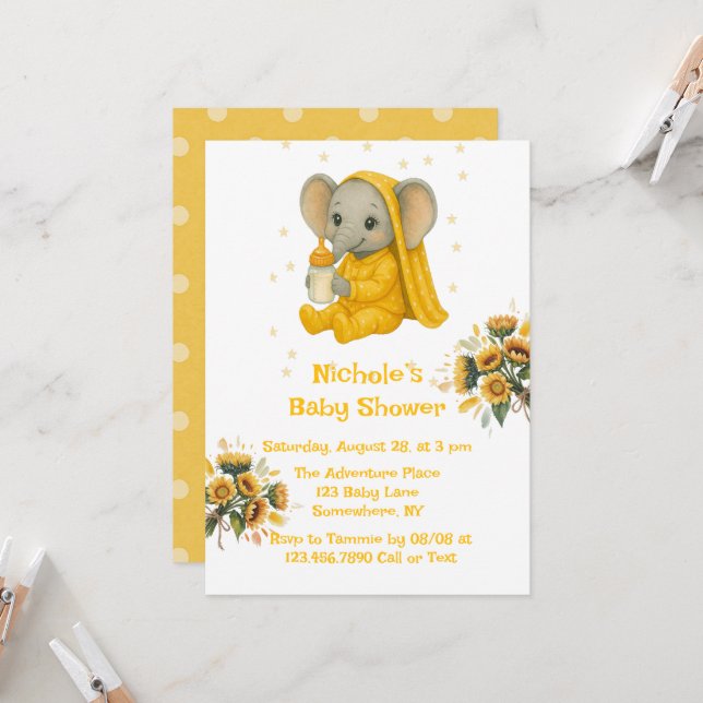 Baby Elephant in Yellow Pyjamas Baby Shower Invitation (Front/Back In Situ)