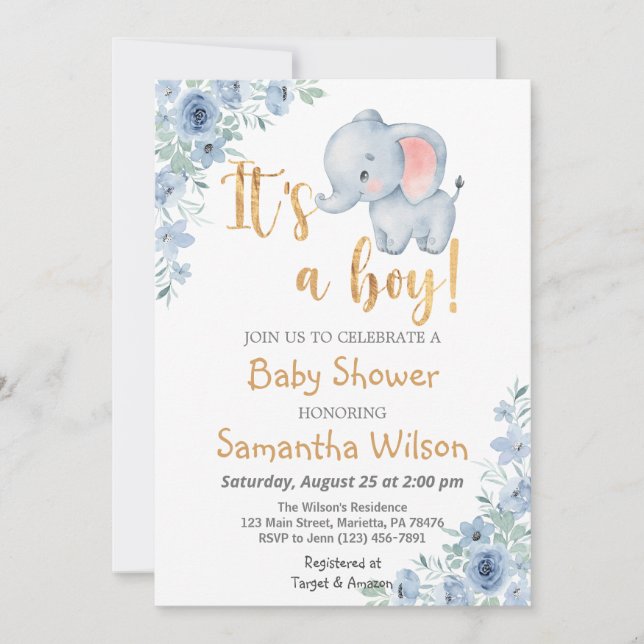 Baby Elephant It's a Boy Baby Shower Invitation (Front)