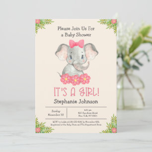 Baby Elephant It's a Girl Zoo Theme Baby Shower Invitation