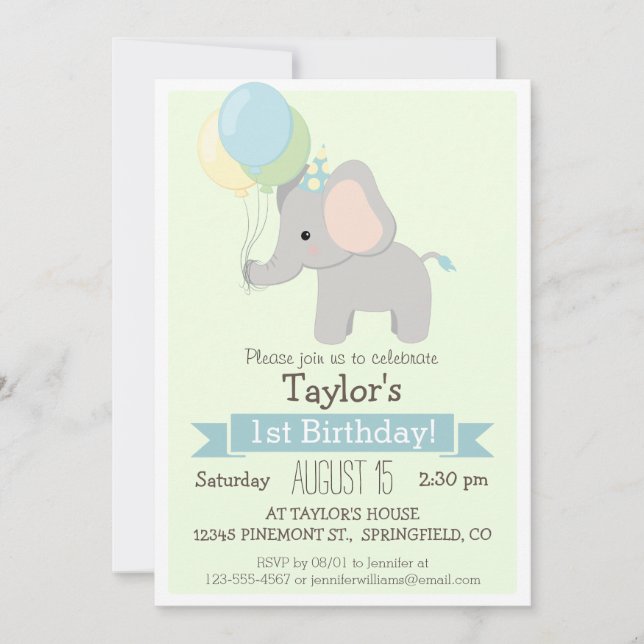 Baby Elephant Kid's Birthday Party Invitation (Front)