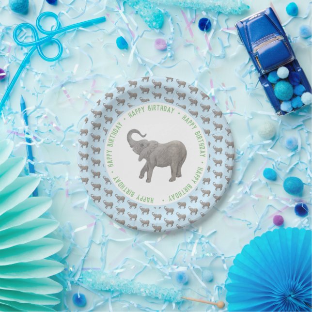 Baby Elephant Light Blue Birthday Paper Plate (Party)