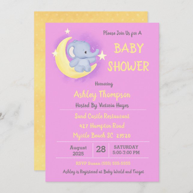Baby Elephant Moon and Stars Baby Shower Invitation (Front/Back)