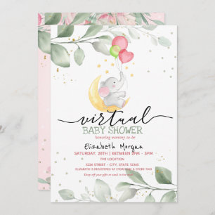 Baby Elephant Moon Balloons Virtual Baby Shower Invitation