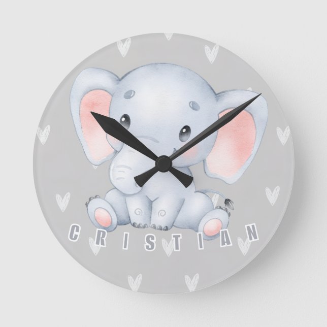 Baby Elephant Nursery Cute Decor  Round Clock (Front)