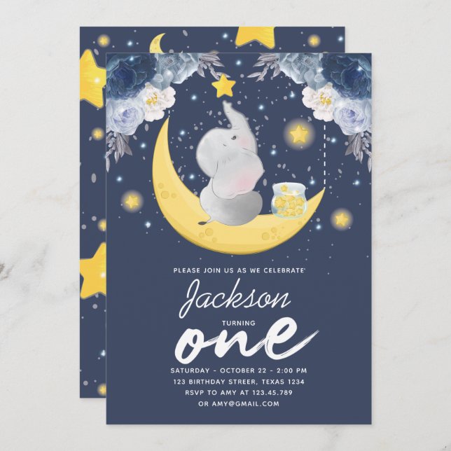 Baby Elephant on Moon First Birthday Invitation (Front/Back)