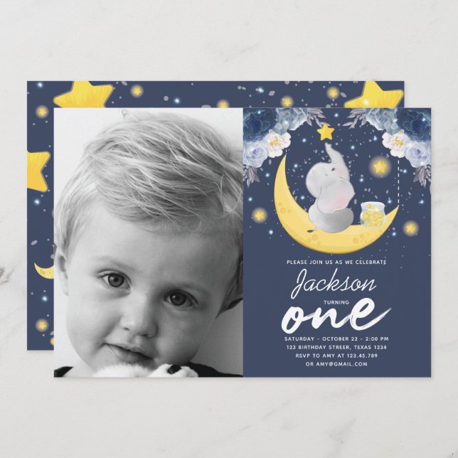 Baby Elephant on Moon First Birthday Photo Invitation (Front/Back)