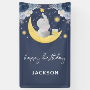 Baby Elephant on Moon Happy Birthday Banner