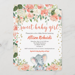 Baby Elephant peach cream girl shower invitation