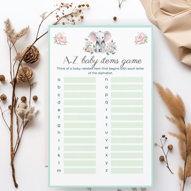 Baby Elephant Peonies & Balloons A-Z Baby Items  (Entertain your guests with a party game during breaks between meal courses!)