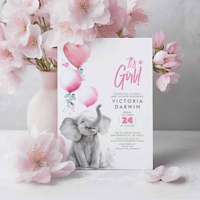 Baby Elephant Pink and Grey Cute Girl Baby Shower Invitation (Pink Balloons and Elephant Baby Shower Invitations - It's A Girl!)