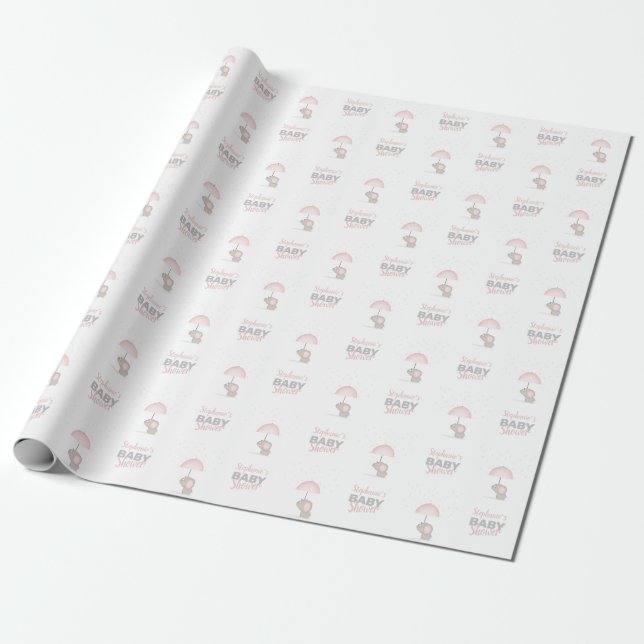 Baby Elephant Pink Baby Shower Wrapping Paper (Unrolled)
