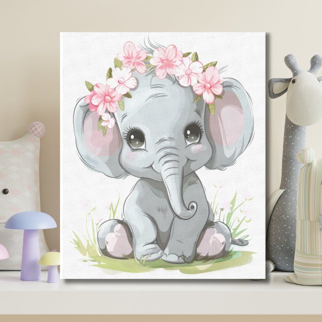 Baby Elephant Pink Flowers on Head Nursery Canvas Print (Baby Elephant with pink flowers on head. Adorable cute nursery canvas wall art Baby Shower gift)