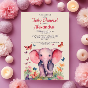 Baby Elephant Pink Girls Baby Shower Invitation