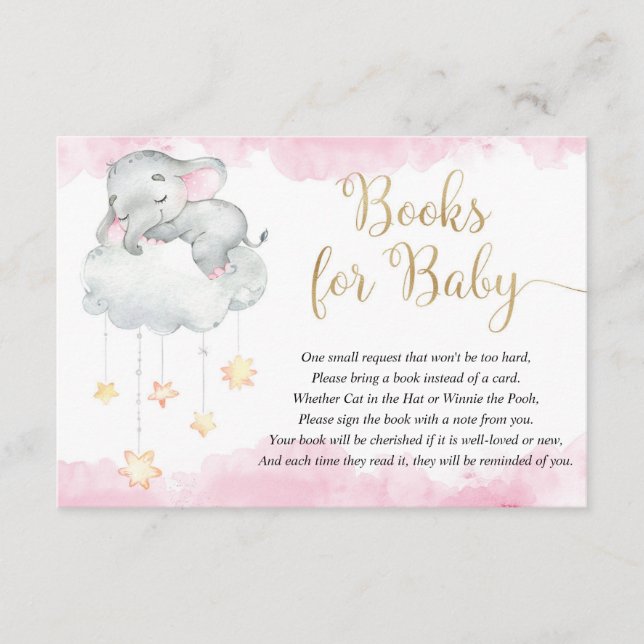Baby elephant pink gold stars books for baby enclosure card (Front)