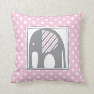 Baby Elephant   Pink & Grey Polka Dots Stripes Cushion