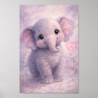 Baby Elephant Pink Heart Pastel Fine Art Oil Paint Poster