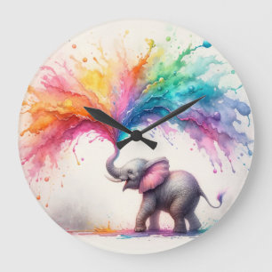 Baby Elephant Plays in Paint Large Clock