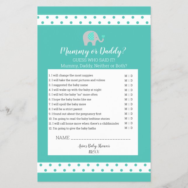 Baby Elephant Polka Dots Mummy or Daddy Game Flyer (Front)