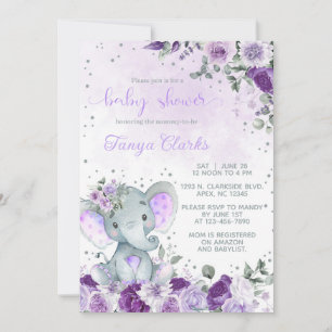 Baby elephant & purple flowers girl baby shower. invitation
