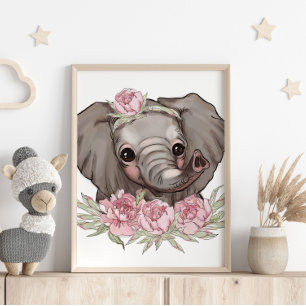 Baby Elephant Rose Animal Poster Wall Print