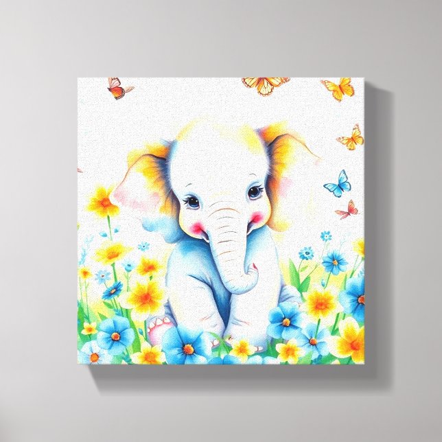 Baby Elephant Running in Flowers Canvas Print (Front)