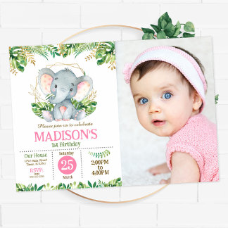 Baby Elephant Safari Jungle Party 1st Birthday Invitation