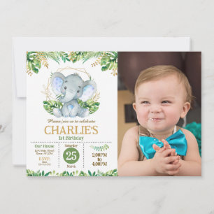 Baby Elephant Safari Jungle Party 1st Birthday Invitation