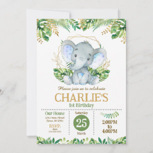 Baby Elephant Safari Jungle Party 1st Birthday  Invitation