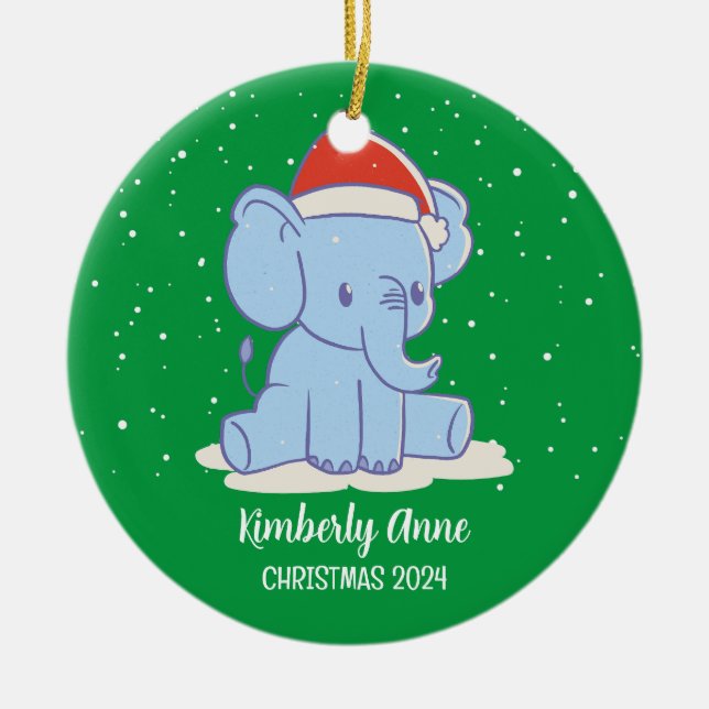 Baby Elephant Santa Christmas Snowy Winter Holiday Ceramic Tree Decoration (Front)