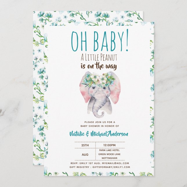 Baby Elephant Shower Invitation, Boho Floral Invitation (Front/Back)