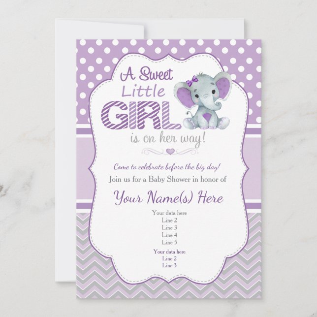 Baby Elephant Shower Invitation in Purple and Grey (Front)