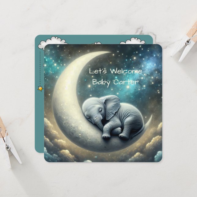 Baby Elephant Sleeping On Crescent Moon Invitation (Front/Back In Situ)