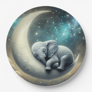 Baby Elephant Sleeping On Crescent Moon Paper Plate