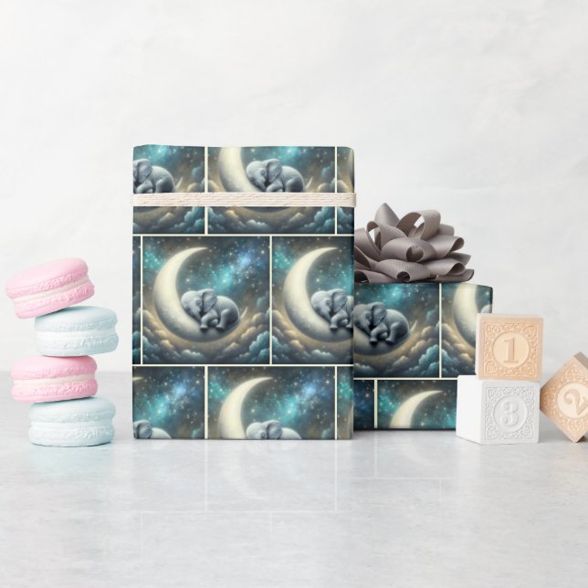 Baby Elephant Sleeping On Crescent Moon Wrapping Paper (Baby Shower)