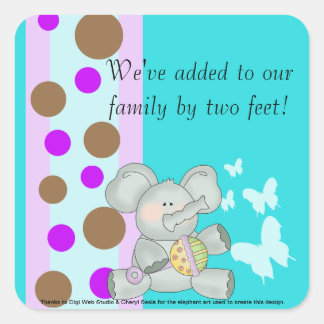 Baby Elephant Teal Brown and Purple Square Sticker