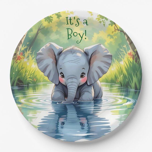 Baby Elephant Themed Baby Shower Paper Plate (Front)