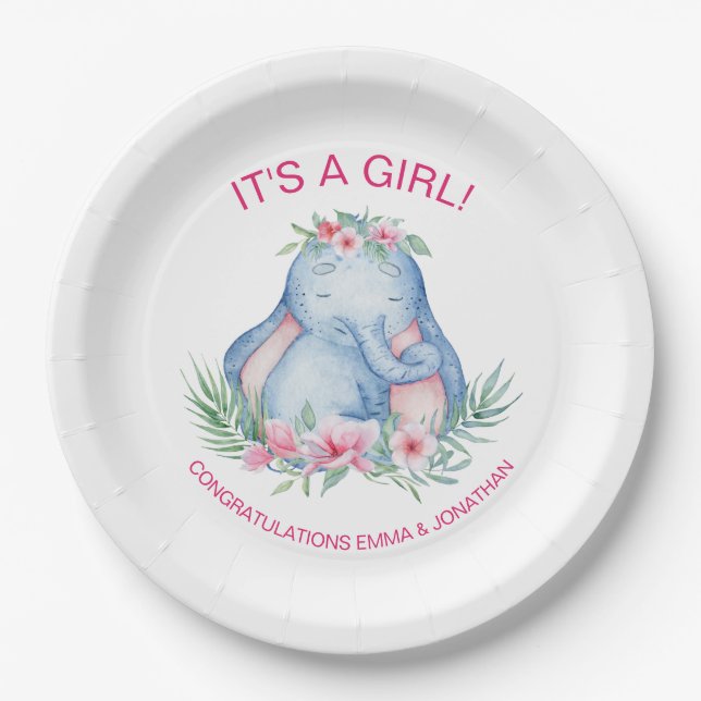 Baby Elephant Tropical Flowers Baby Shower Paper Plate (Front)