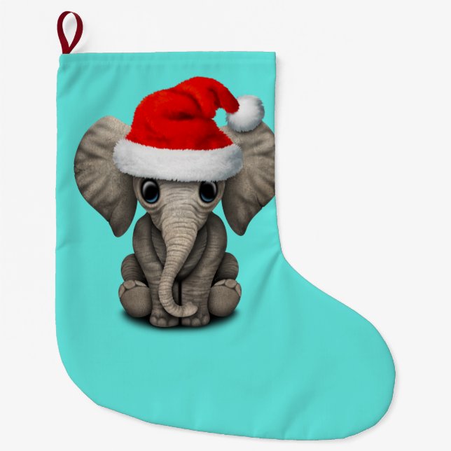 Baby Elephant Wearing a Santa Hat Large Christmas Stocking (Front)