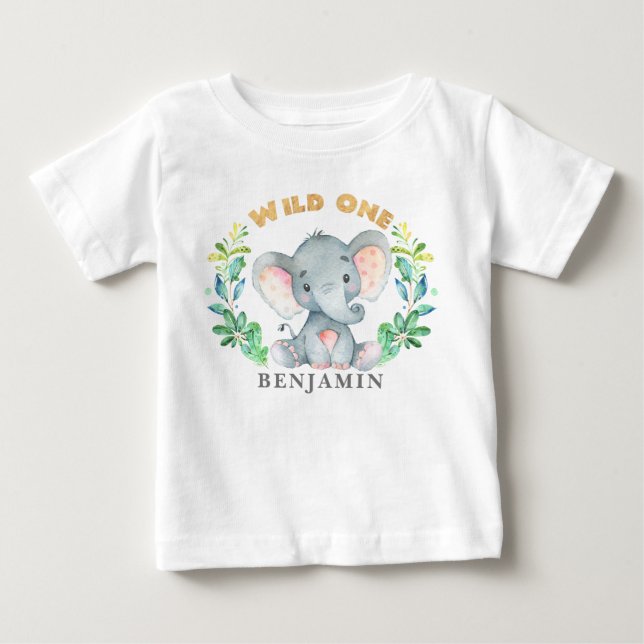 Baby Elephant Wild One 1st Birthday Jungle T-Shirt (Front)
