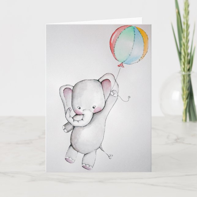 Baby Elephant with Balloon Greeting Card (Front)