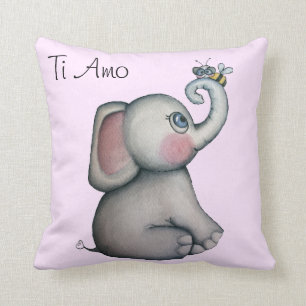 Baby Elephant with Bee Pink Throw Pillow
