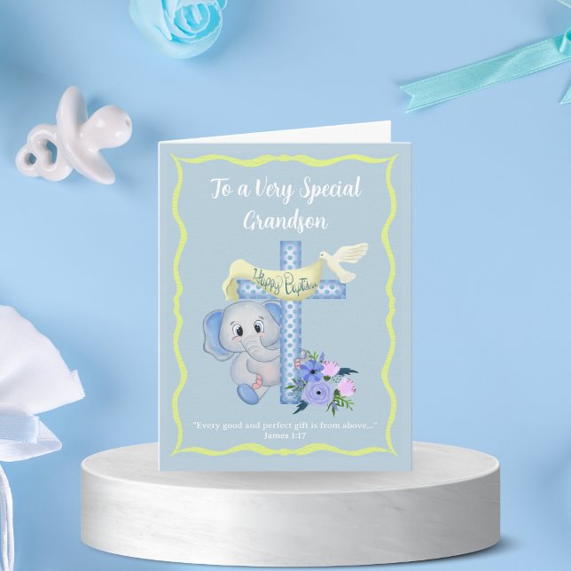 Baby Elephant With Cross and Dove Baptism Card (Creator Uploaded)