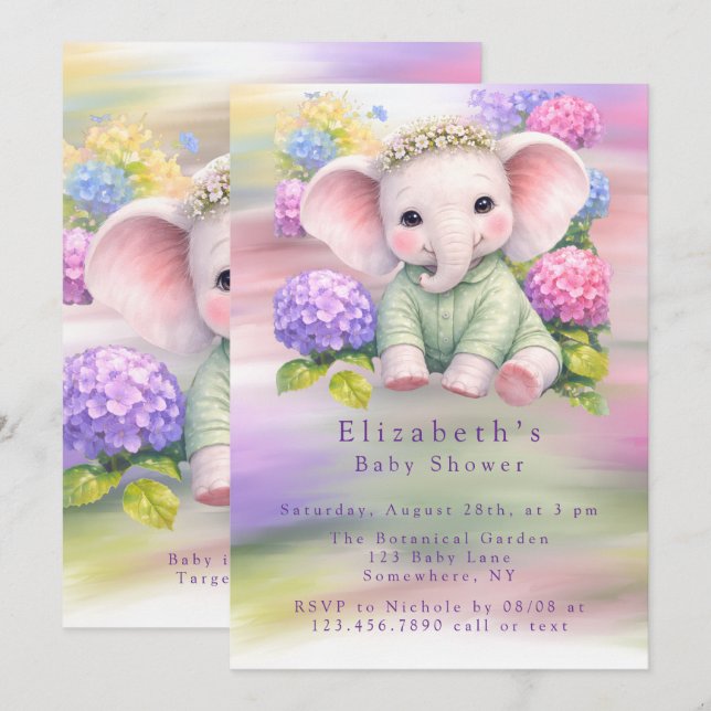 Baby Elephant with Hydrangeas Baby Shower  Invitation (Front/Back)