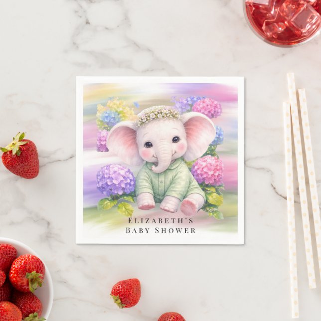 Baby Elephant with Hydrangeas Baby Shower  Napkin (Insitu)
