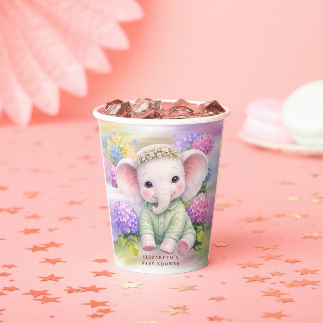 Baby Elephant with Hydrangeas Baby Shower  Paper Cups (Insitu)