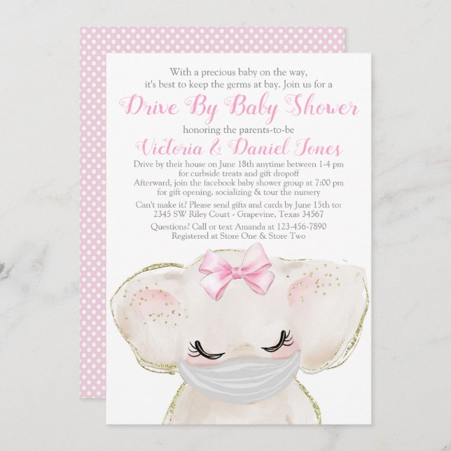 Baby Elephant with Mask Drive By Baby Shower Invitation (Front/Back)