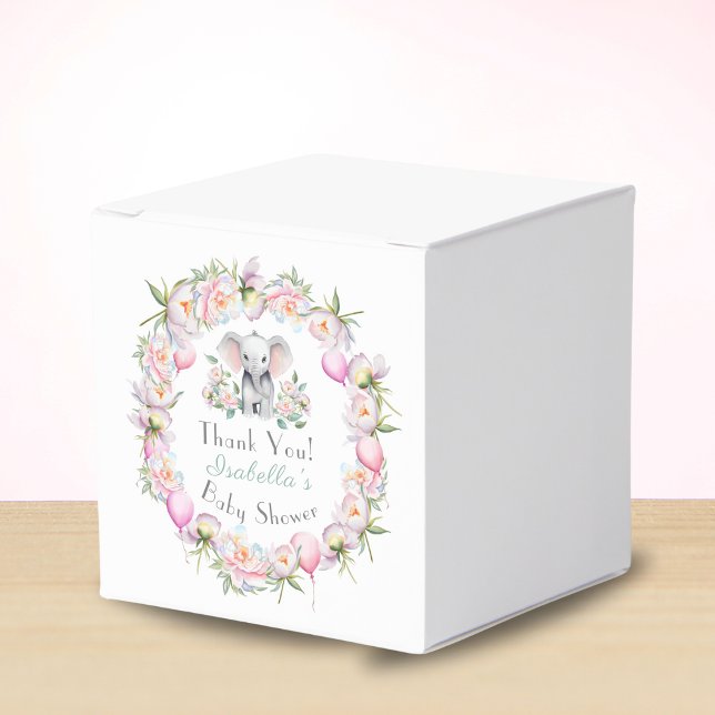 Baby Elephant With Peonies & Balloon Baby Shower Favour Box (A cute baby shower favor box for candies, candles, cookies.)